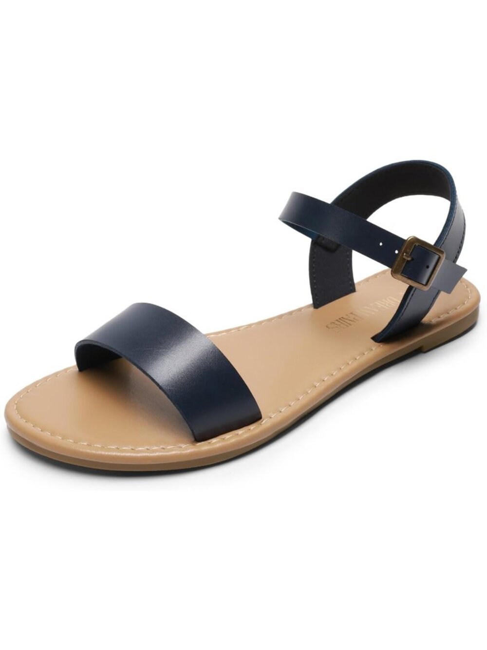 Women's Navy Flat Sandal Open Toe Ankle Strap Faux Leather Non Slip Shoes